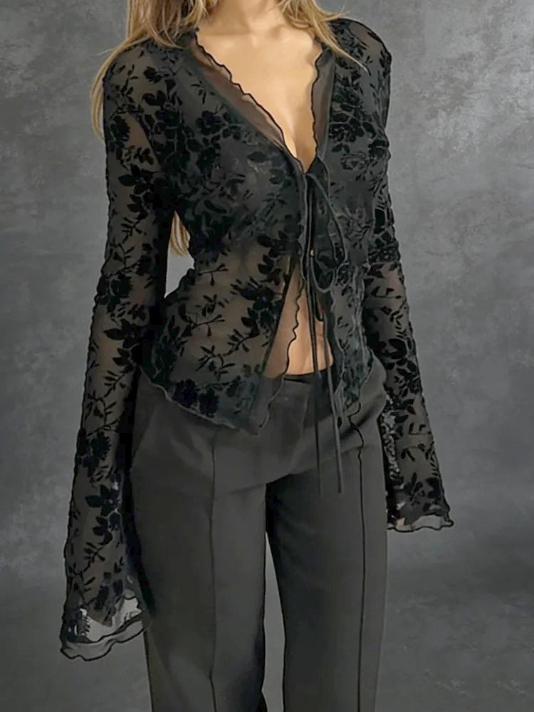 Women's Vintage Shirt Ruffle Sheer Trumpet Sleeve Chiffon Blouse