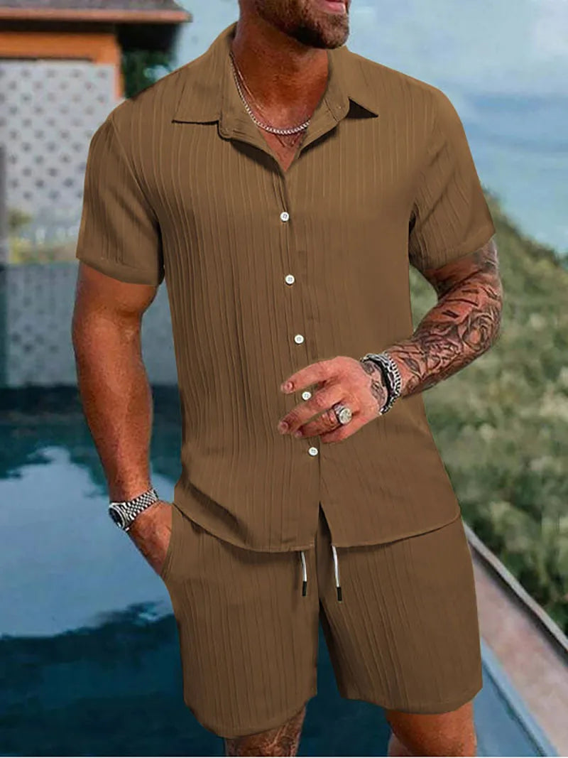 Men Casual Short Sleeve Shirt & Shorts 2pcs Combo Set Summer