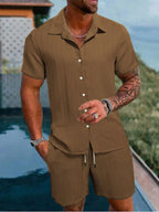 Men Casual Short Sleeve Shirt & Shorts 2pcs Combo Set Summer