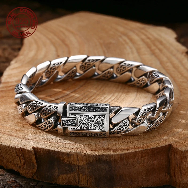 Chunky Men's Bracelet Sterling Silver Vine Garland Cuban Style