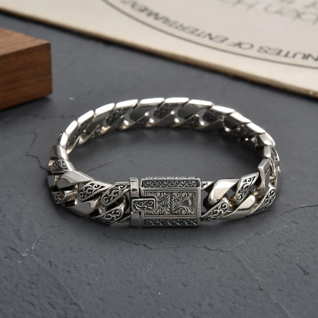 Chunky Men's Bracelet Sterling Silver Vine Garland Cuban Style