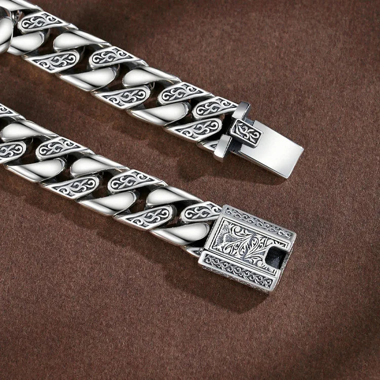 Chunky Men's Bracelet Sterling Silver Vine Garland Cuban Style