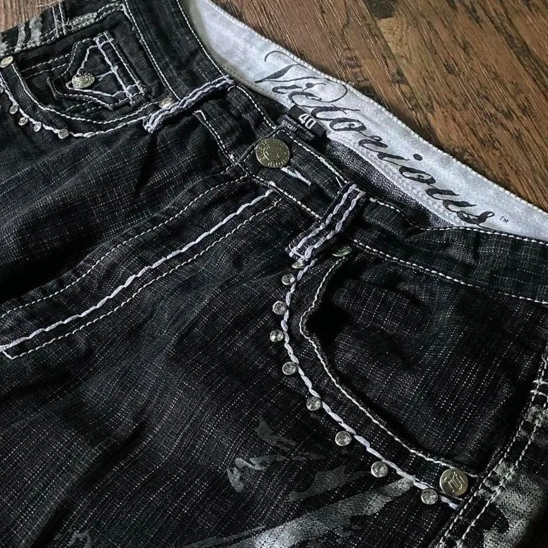 Cross Embroidered Baggy Denim Shorts