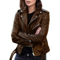 Leather Biker Jacket Classic Moto Style with Belted Waist & Silver Hardware