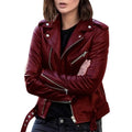 Leather Biker Jacket Classic Moto Style with Belted Waist & Silver Hardware