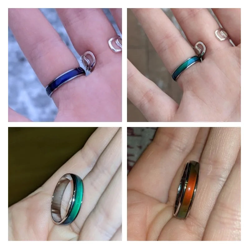 Collage of four images showing rings on fingers with different color combinations.