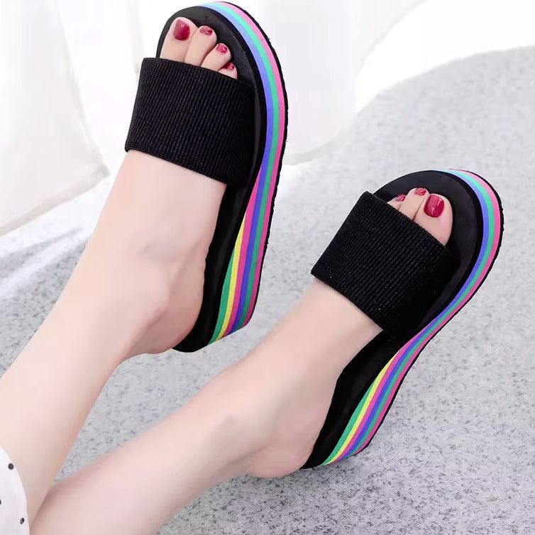 Women's Platform Slides Wedges Rainbow Thongs Beach Flip Flops