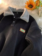 Corduroy Pullover With Sherpa Velvet Fleece Collar Warm Comfort Sweatshirt