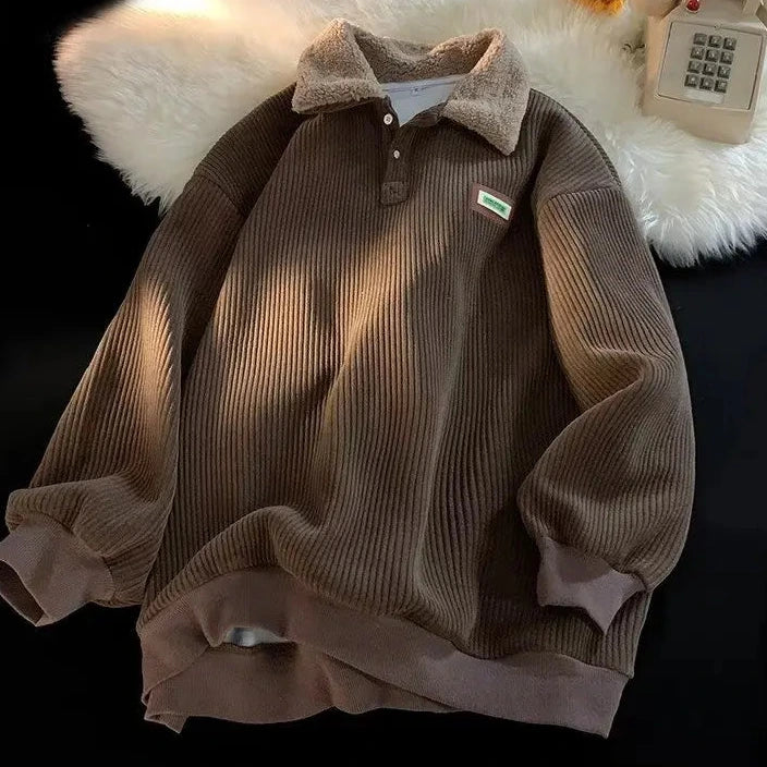 Corduroy Pullover With Sherpa Velvet Fleece Collar Warm Comfort Sweatshirt