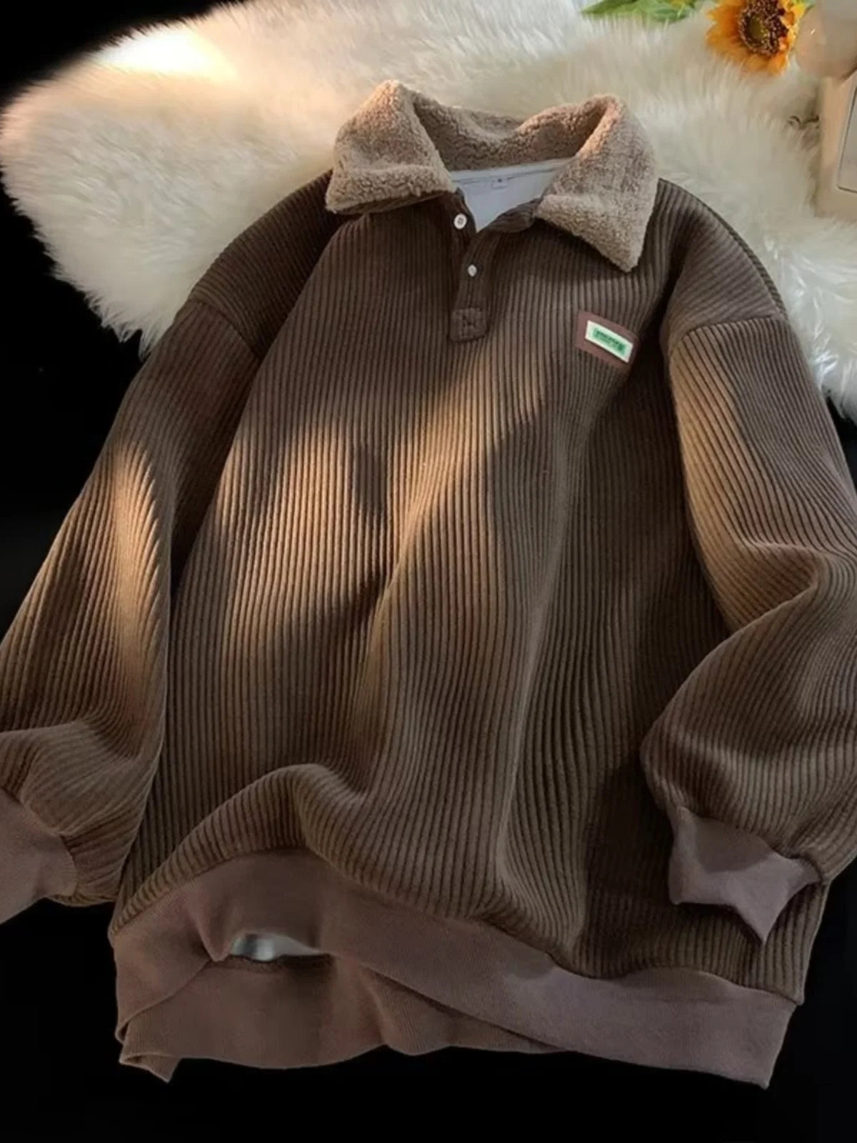 Corduroy Pullover With Sherpa Velvet Fleece Collar Warm Comfort Sweatshirt