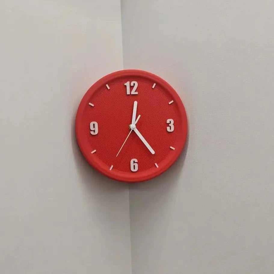 A round red wall clock with white hands and white Arabic numerals, mounted on a light gray corner wall.