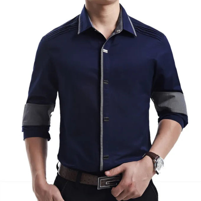 Cotton Dress Shirt With Shoulder Pleats Snap Close Buttons Business Office Work