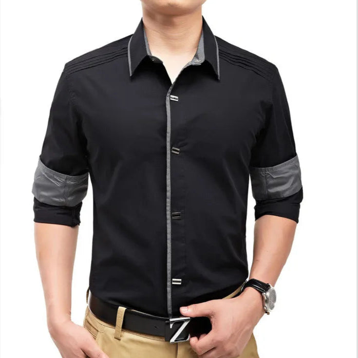 Cotton Dress Shirt With Shoulder Pleats Snap Close Buttons Business Office Work