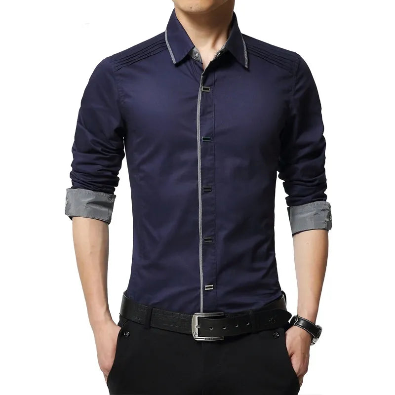 Cotton Dress Shirt With Shoulder Pleats Snap Close Buttons Business Office Work