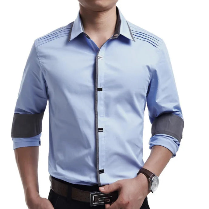 Cotton Dress Shirt With Shoulder Pleats Snap Close Buttons Business Office Work