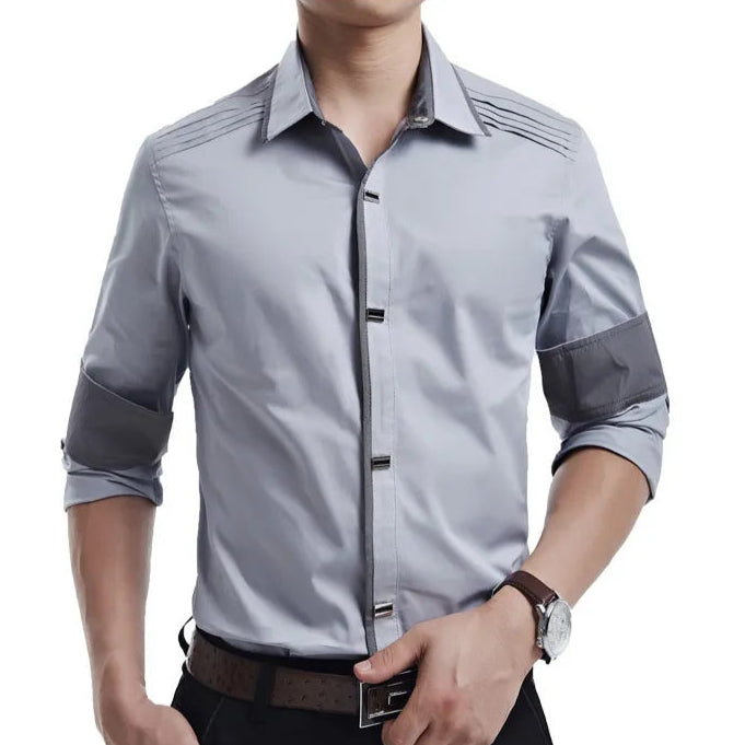 Cotton Dress Shirt With Shoulder Pleats Snap Close Buttons Business Office Work