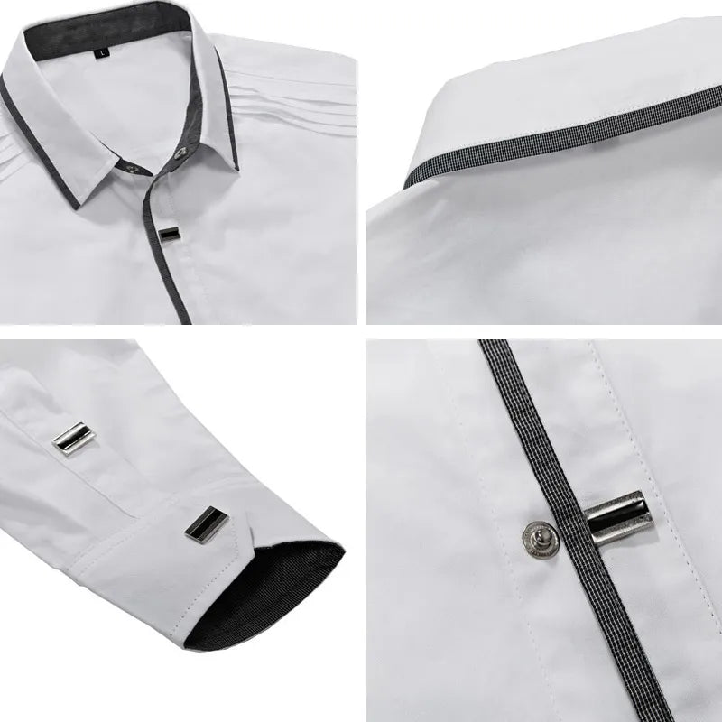 Cotton Dress Shirt With Shoulder Pleats Snap Close Buttons Business Office Work