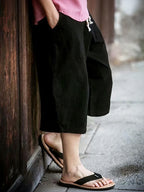 Cotton Linen Capri Long Shorts Japanese Wide Leg