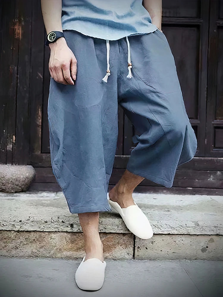 Cotton Linen Capri Long Shorts Japanese Wide Leg