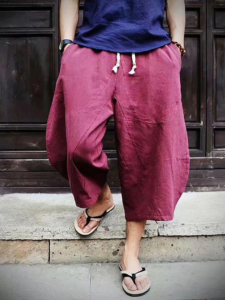 Cotton Linen Capri Long Shorts Japanese Wide Leg
