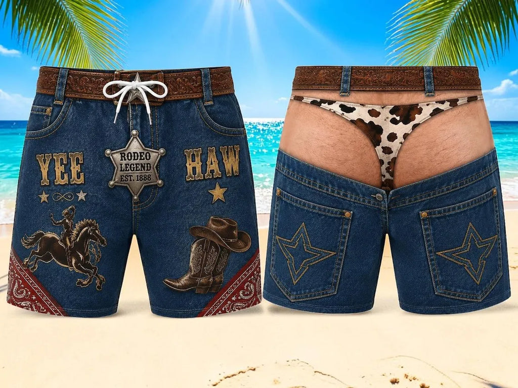 Two pairs of denim cowboy-style shorts shown on a beach background. The left pair has western graphics including 'YEE HAW', a sheriff's badge, a cowboy boot, and a horse motif.