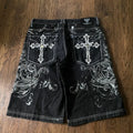 Cross Embroidered Baggy Denim Shorts