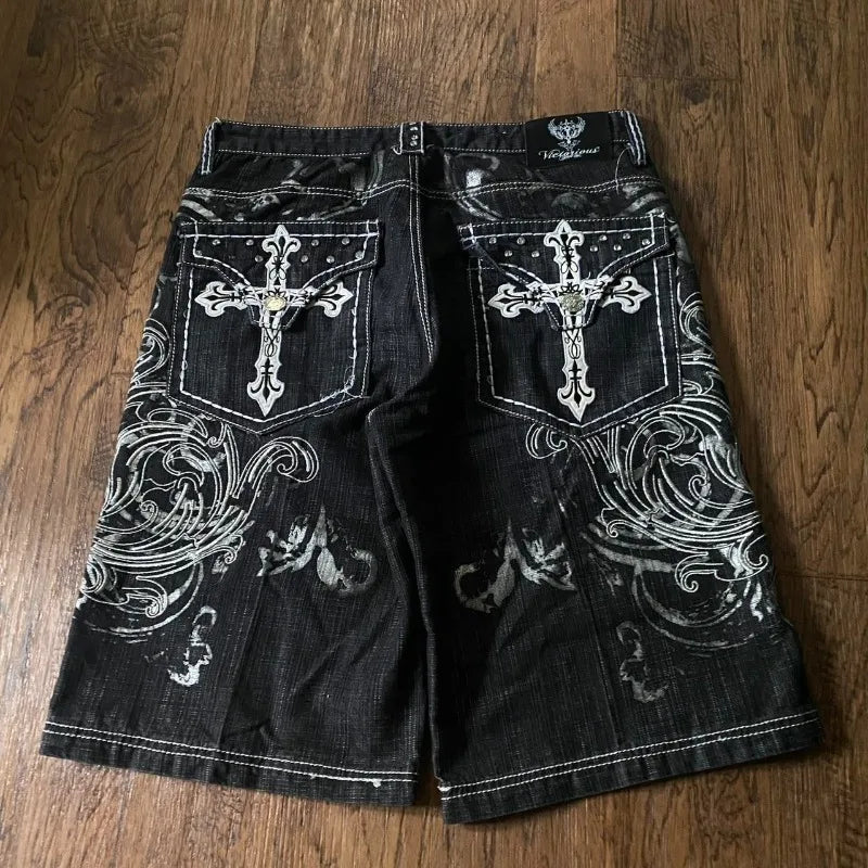 Cross Embroidered Baggy Denim Shorts