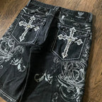 Cross Embroidered Baggy Denim Shorts