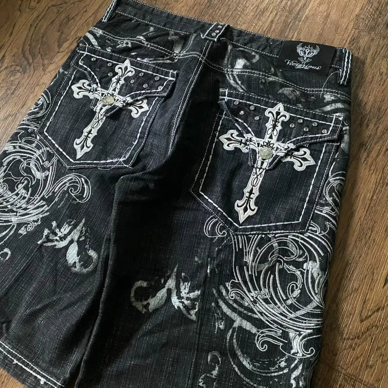 Cross Embroidered Baggy Denim Shorts