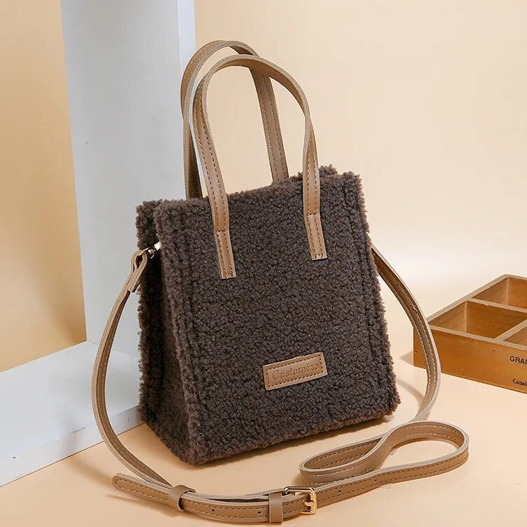Tote Crossbody Handbag Plush Fluffy Faux-Fur-Wool Shoulder Bag Purse