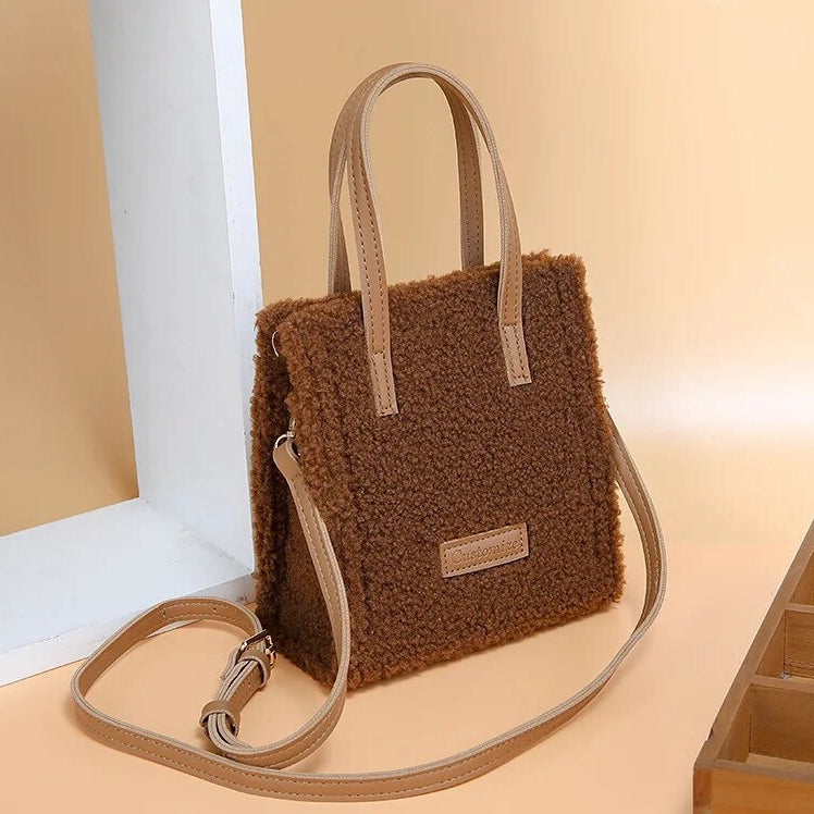 Tote Crossbody Handbag Plush Fluffy Faux-Fur-Wool Shoulder Bag Purse