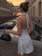 Halter Neck Polka Dot Sleeveless Dress Women's
