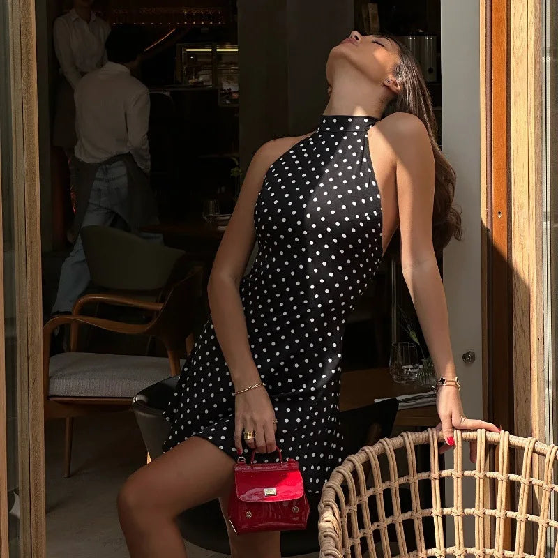 Halter Neck Polka Dot Sleeveless Dress Women's