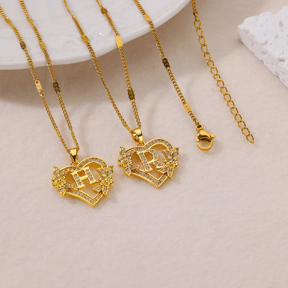 Initials Gold Necklace Zircon Flower Love Heart