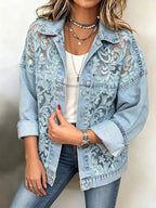 Women's Floral Lace Embroidered Patchwork Denim Jacket
