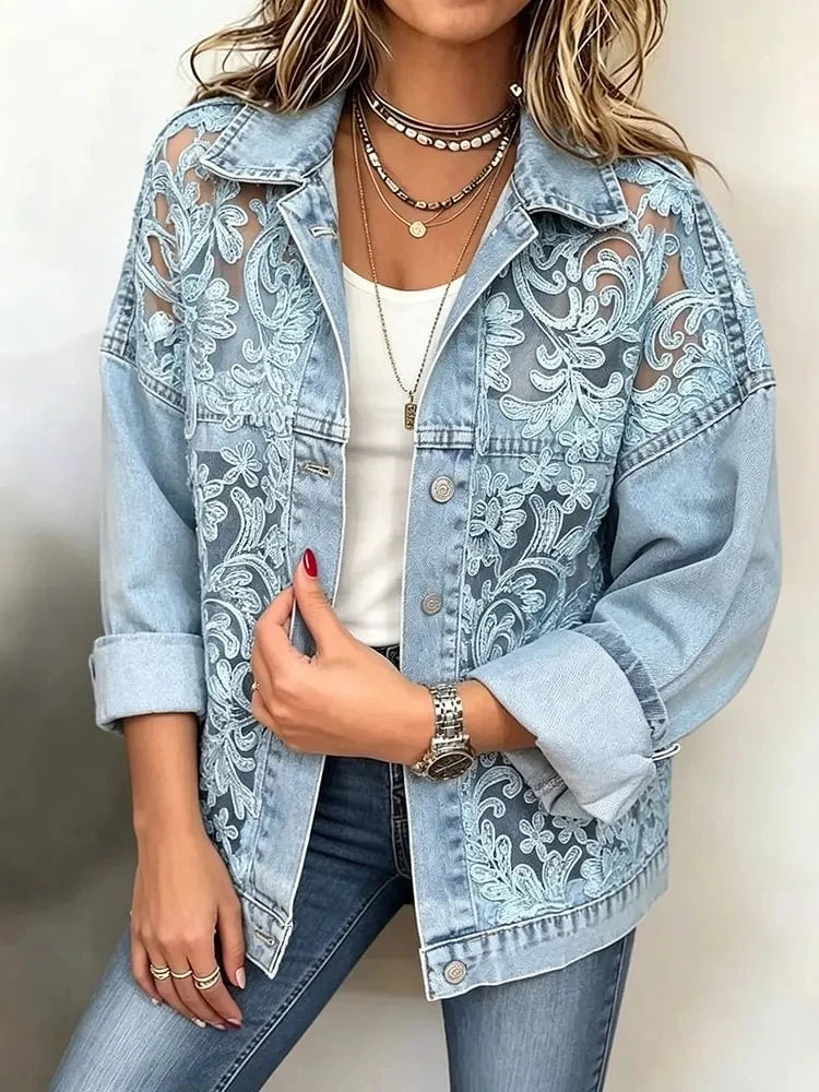 Women's Floral Lace Embroidered Patchwork Denim Jacket