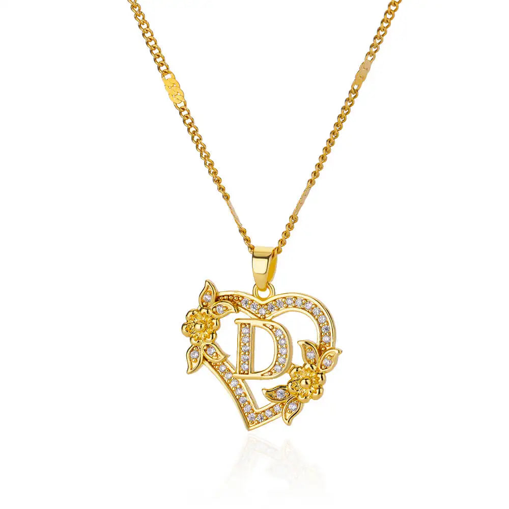 Initials Gold Necklace Zircon Flower Love Heart