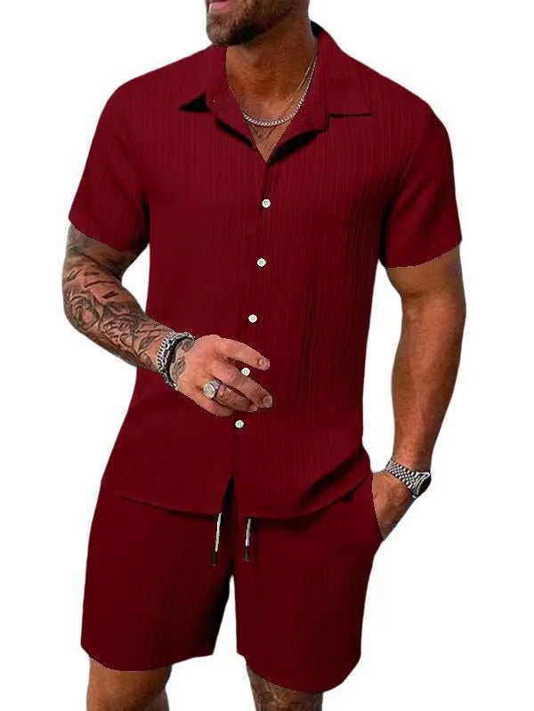 Men Casual Short Sleeve Shirt & Shorts 2pcs Combo Set Summer