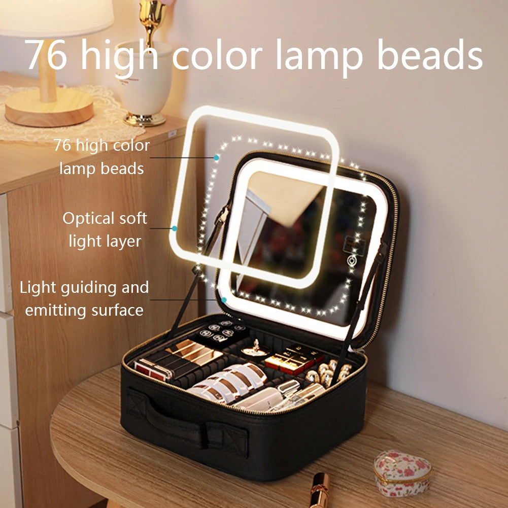 Deluxe Travel Makeup Bag Portable Cosmetics Beauty Case with LED Mirror