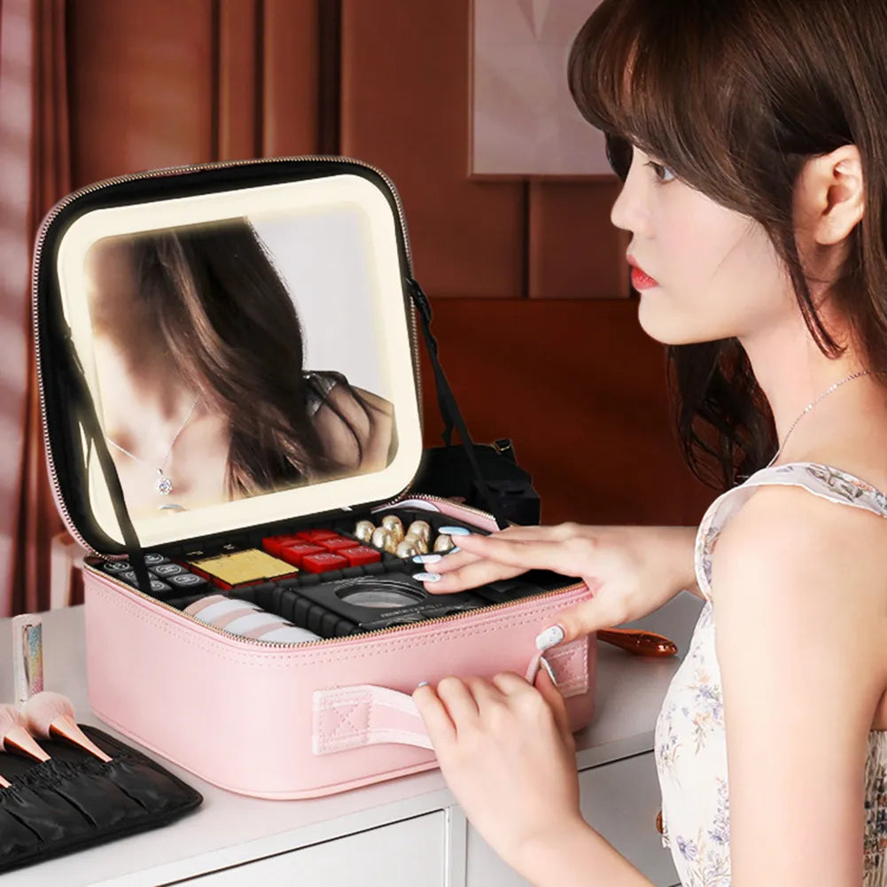 Deluxe Travel Makeup Bag Portable Cosmetics Two-Level Beauty Case with LED Mirror-Keep Melbourne Marvellous Official Store