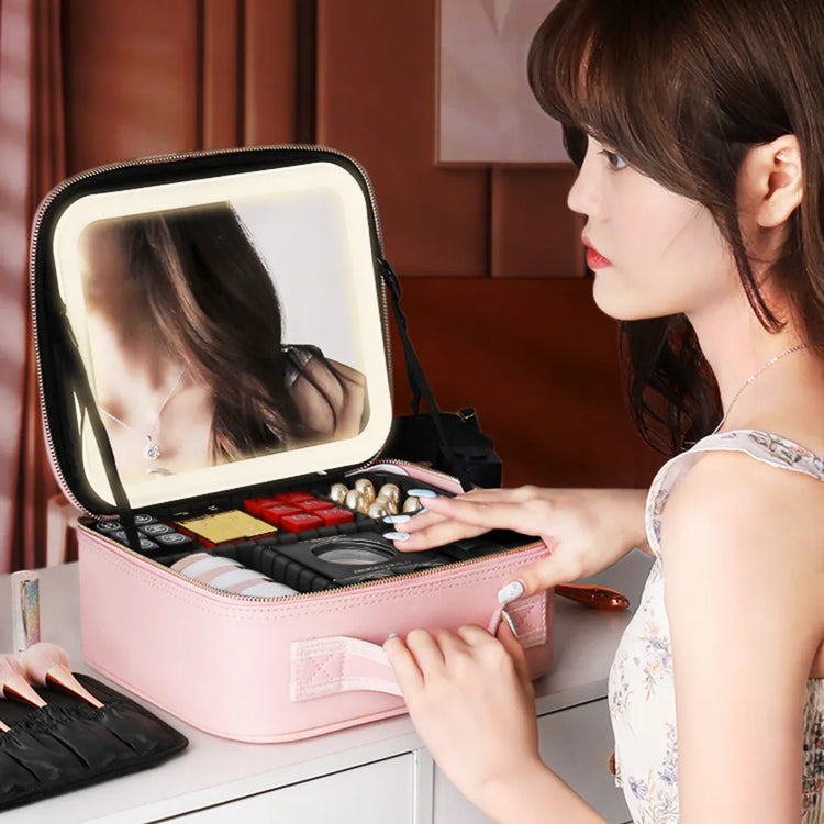Deluxe Travel Makeup Bag Portable Cosmetics Two-Level Beauty Case with LED Mirror-Keep Melbourne Marvellous Official Store