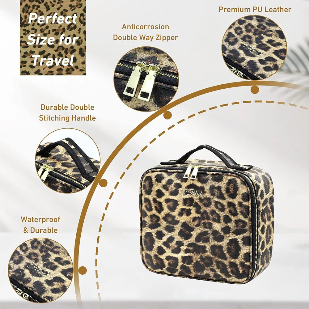Makeup Case Portable Travel Beauty Leopard Cosmetics Bag with Mirror and Lights