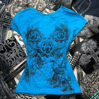 Women's Grunge T-Shirt Vintage Heart Rose Print Top