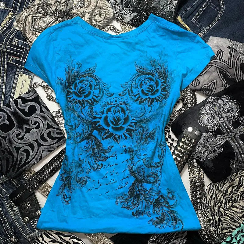 Women's Grunge T-Shirt Vintage Heart Rose Print Top