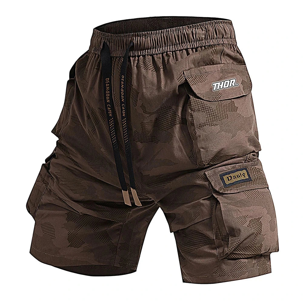 Brown cargo shorts with multiple pockets and visible branding on a white background