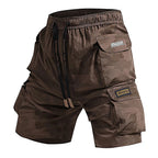 Brown cargo shorts with multiple pockets and visible branding on a white background