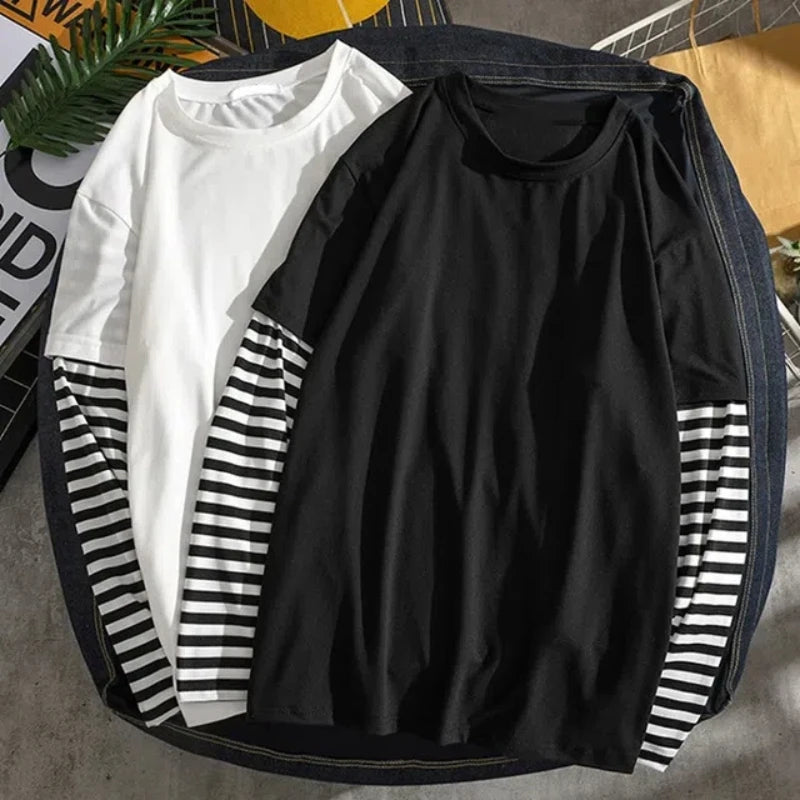 Double Layer Striped Long Sleeve Baggy T-shirt