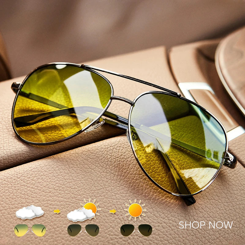 Fashion Pilot Sunglasses Unisex Polarised Photochromic Day Night Driving Glasses