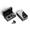 Black wireless earbuds shown with an open charging case, a separate earbud, and a rectangular battery pack with a glossy display on a clean white background.