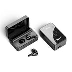 Black wireless earbuds shown with an open charging case, a separate earbud, and a rectangular battery pack with a glossy display on a clean white background.